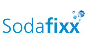 Sodafixx Logo in hellblauer Schrift, ergänzt durch sprudelnde Wasserblasen mit Lichtreflex rechts vom Schriftzug.